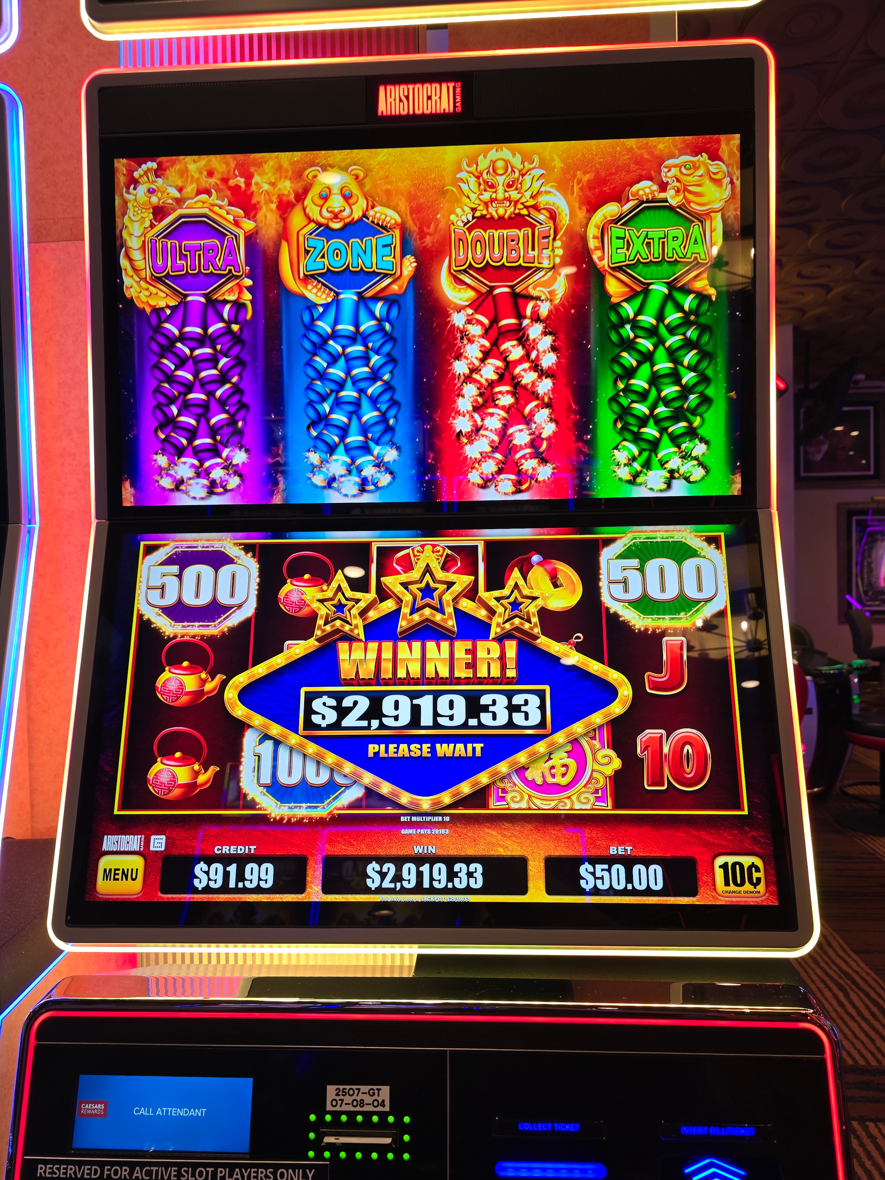 Dragon Zone slot machine winner screen showing $2,919.33