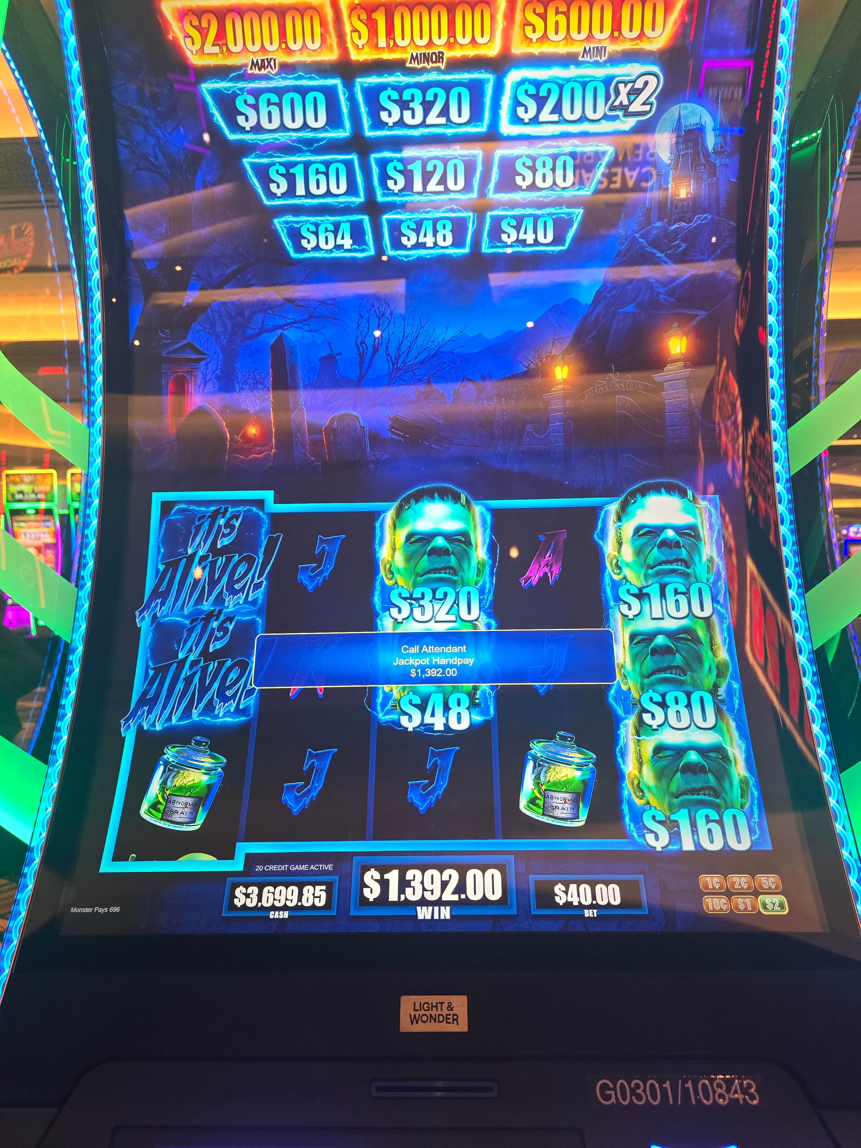 Frankenstein slot machine jackpot handpay showing $1,392.00
