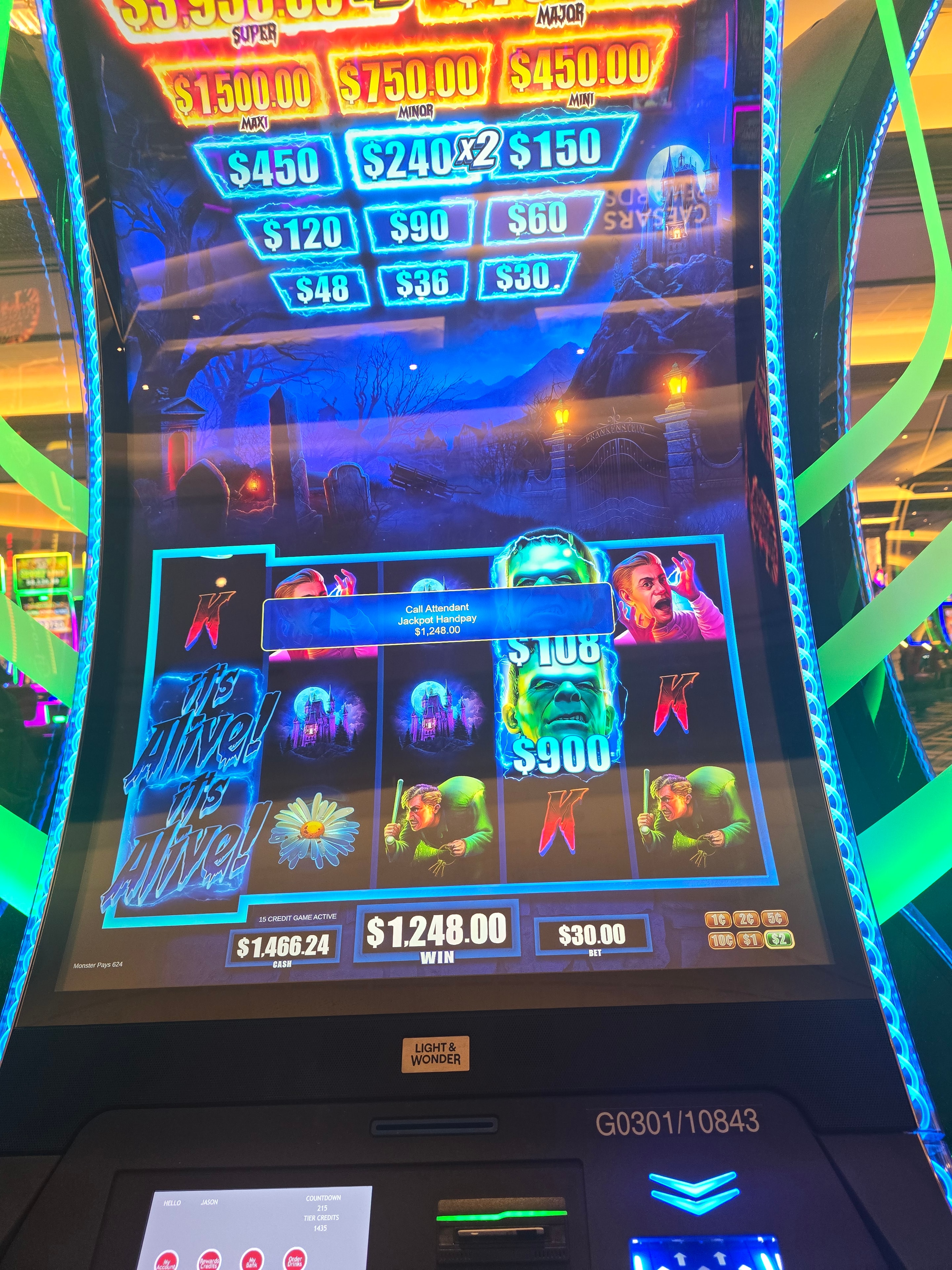 It's Alive slot machine jackpot handpay showing $1,248.00