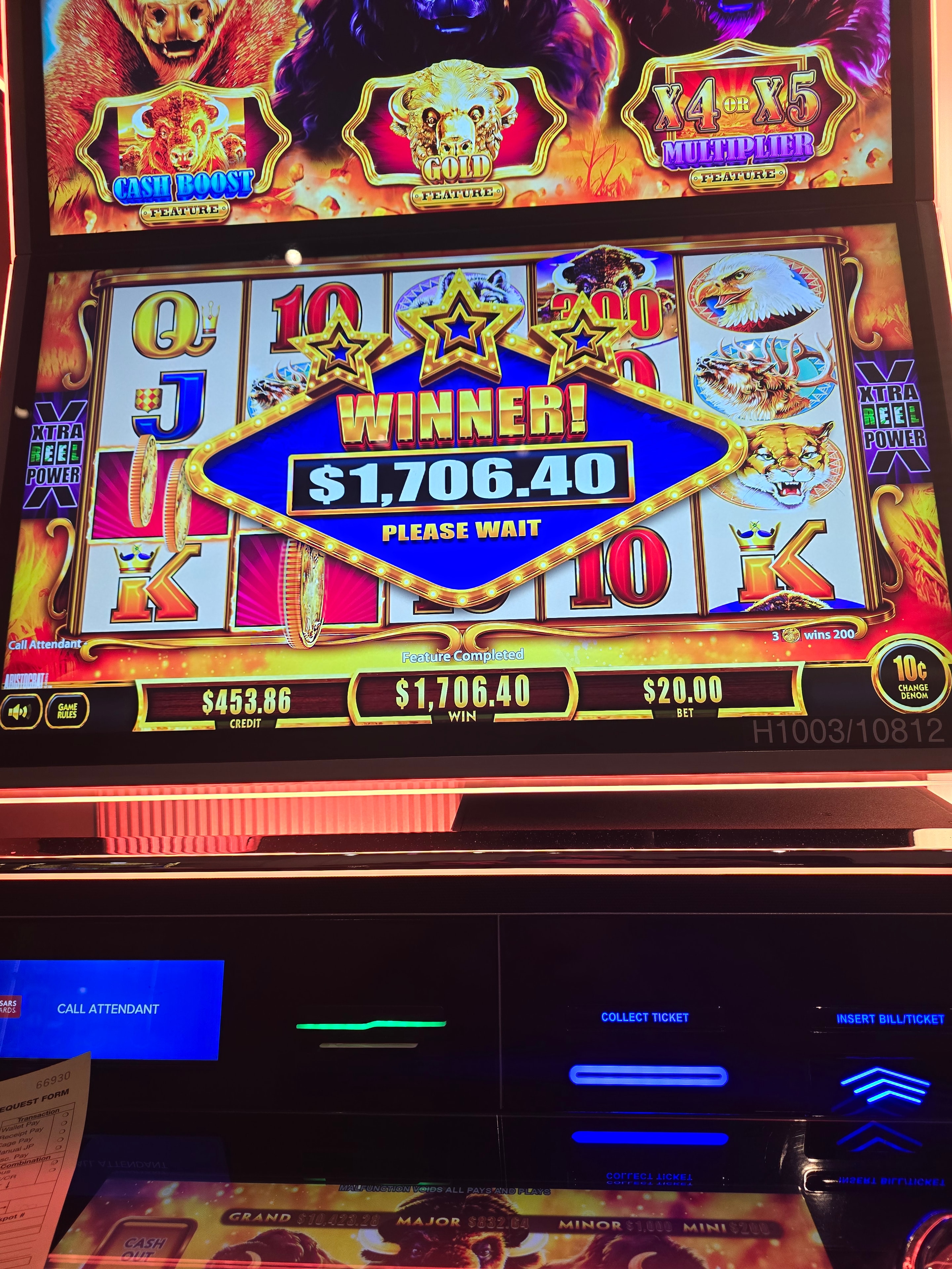 Xtra Reel Power slot machine feature completed showing $1,706.40