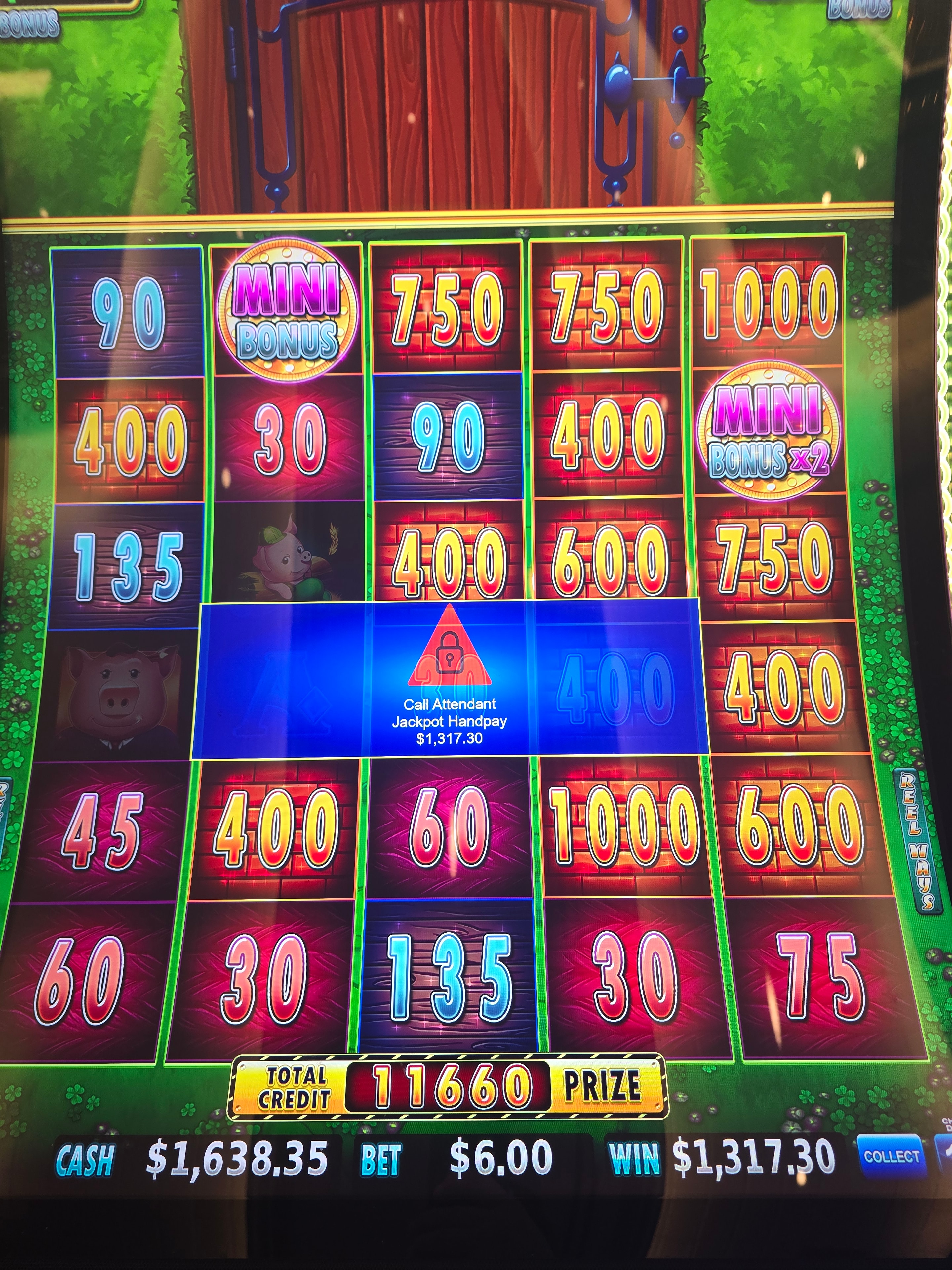 Super Pig slot machine jackpot handpay showing $1,317.30