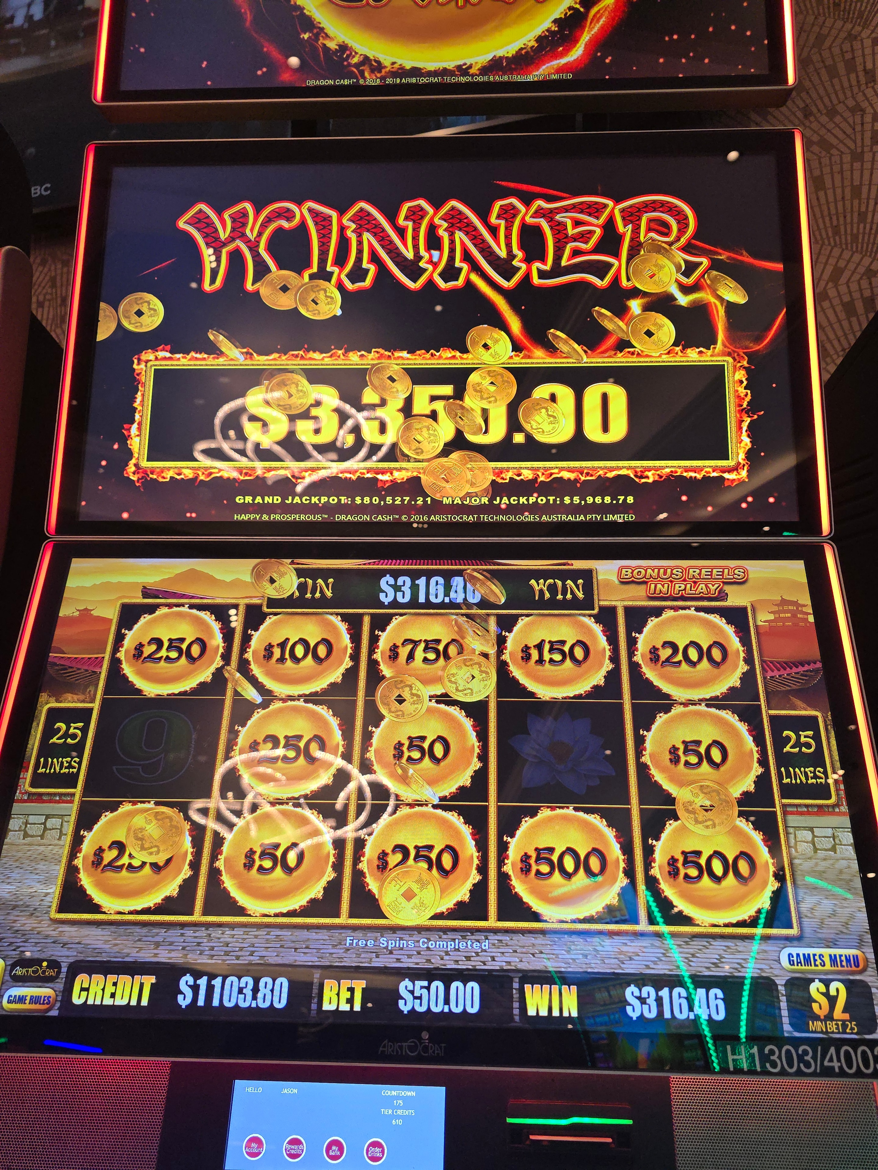 Dragon Cash slot machine winner showing $3,350.90