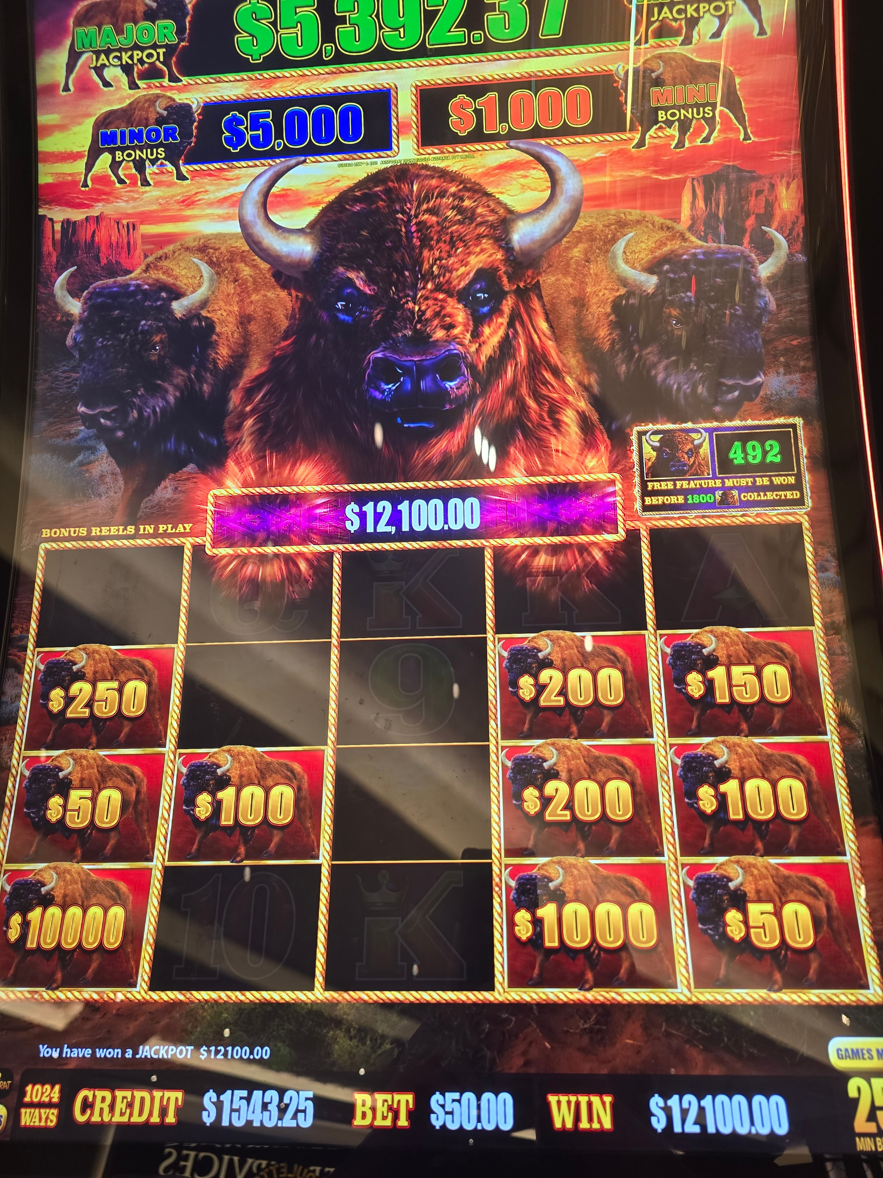 Buffalo Link slot machine jackpot bonus reels showing $12,100.00