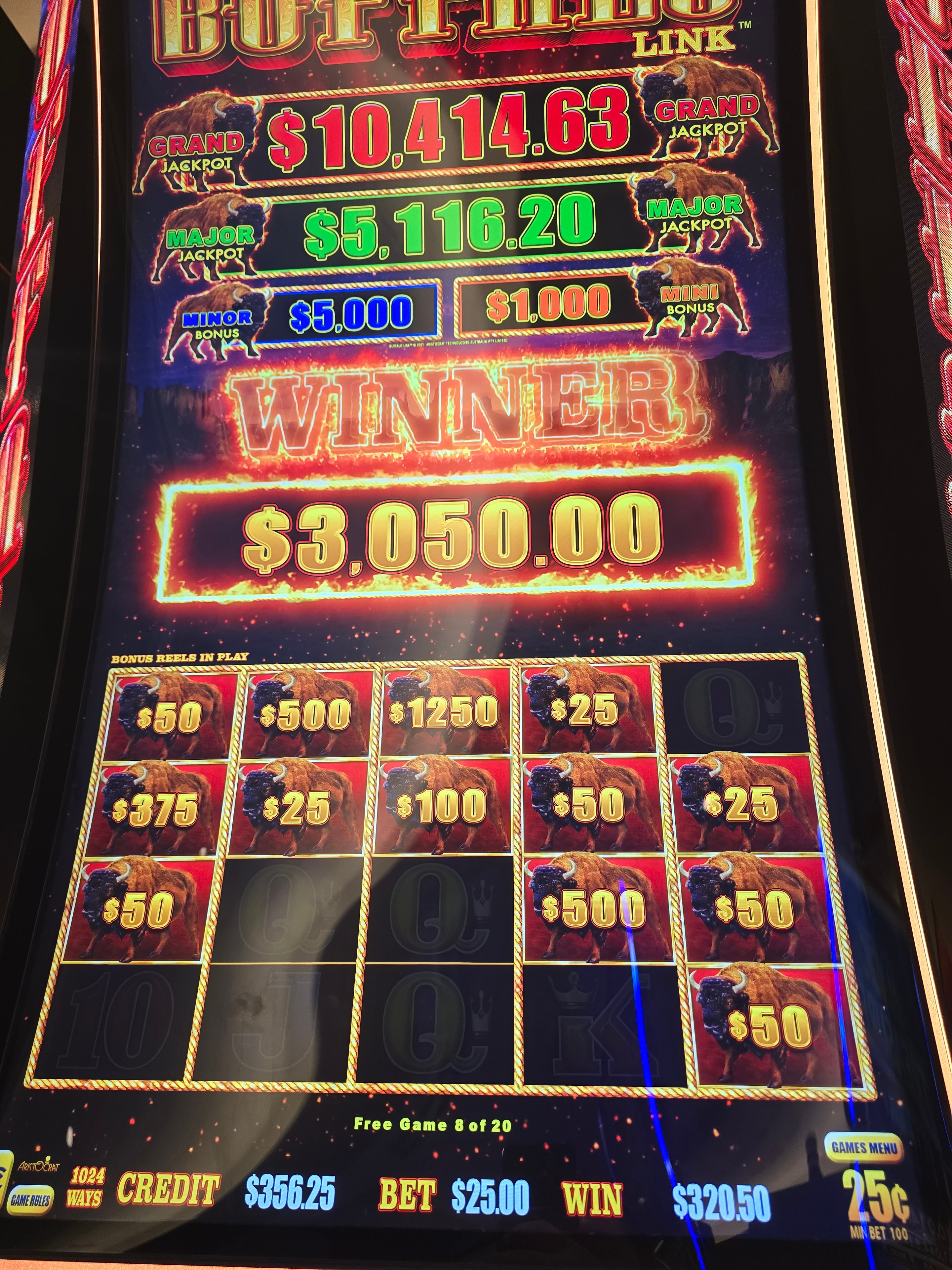 Buffalo Link slot machine winner showing $3,050.00
