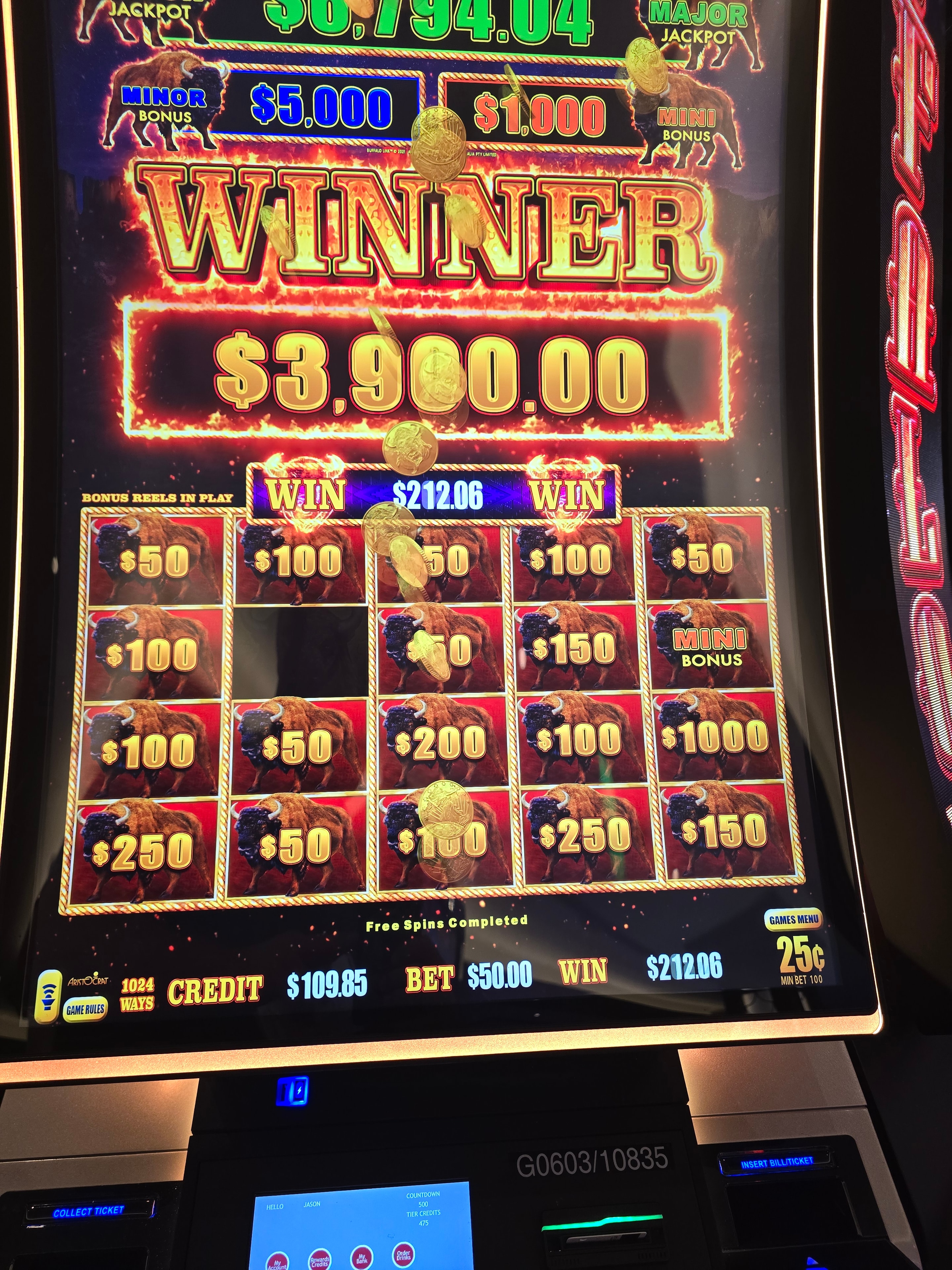Buffalo slot machine winner showing $3,900.00