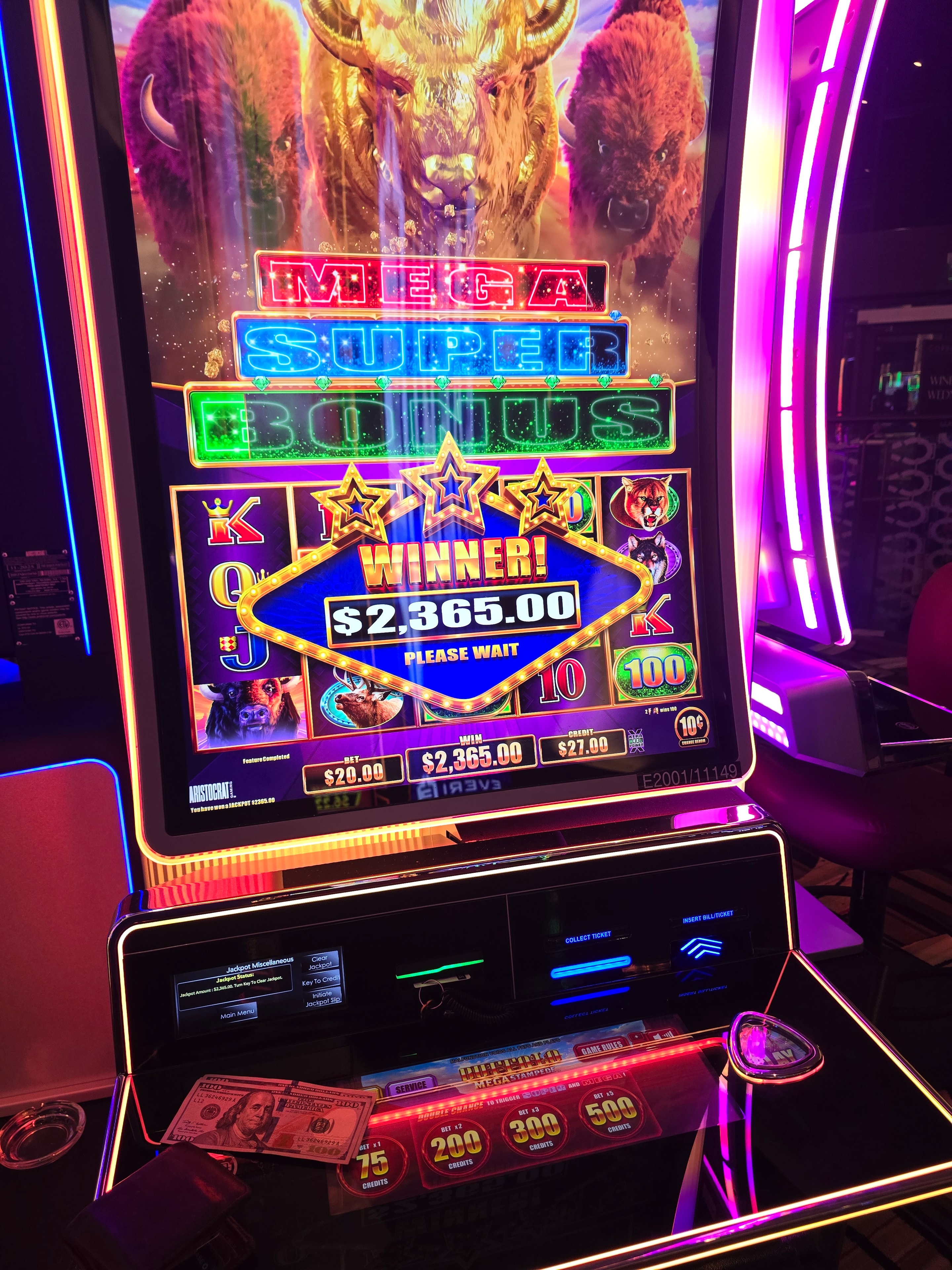 Buffalo Stampede super mega bonus winner showing $2,365.00
