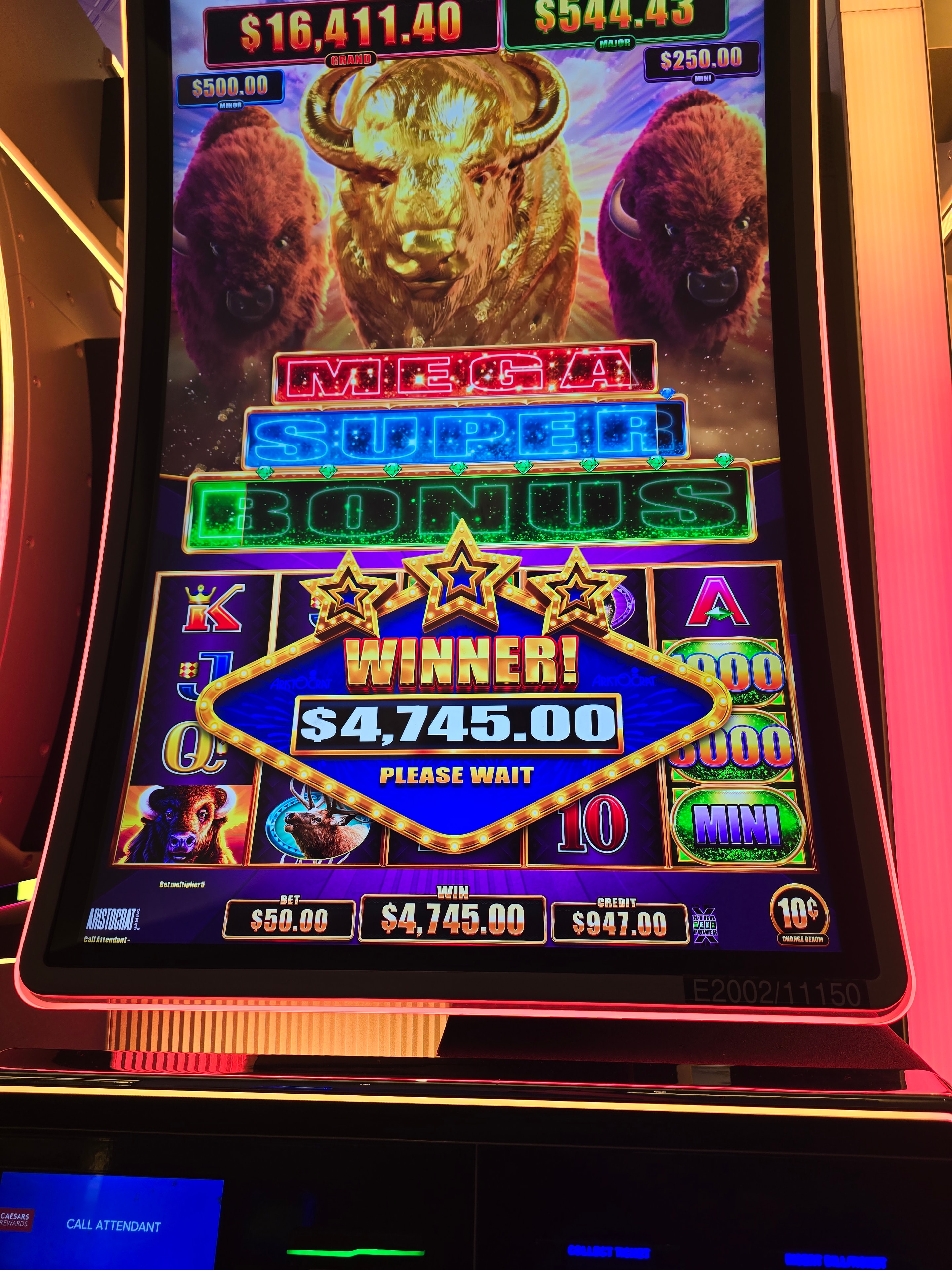 Buffalo Stampede super mega bonus winner showing $4,745.00