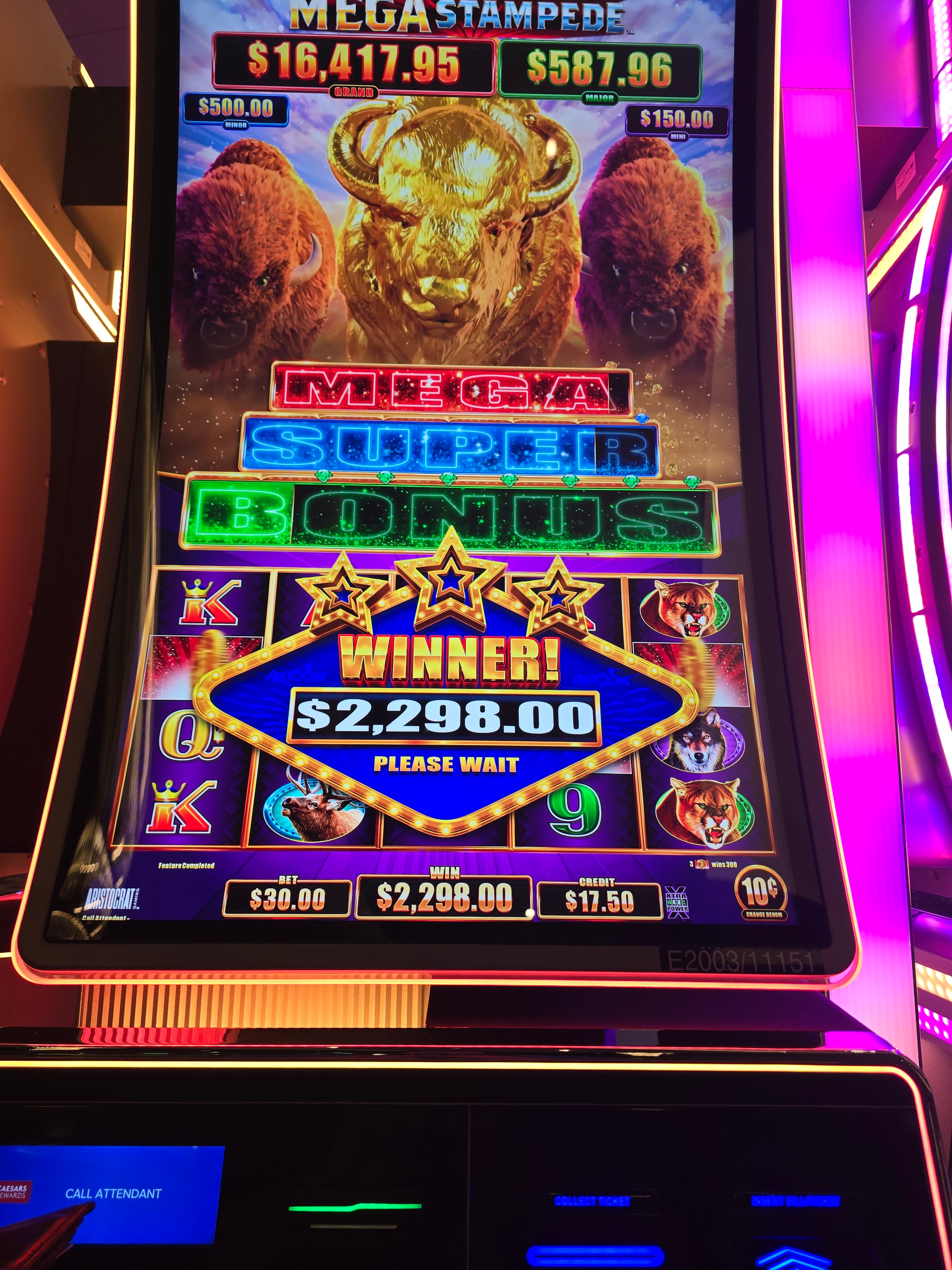 Buffalo Stampede super mega bonus winner showing $2,298.00