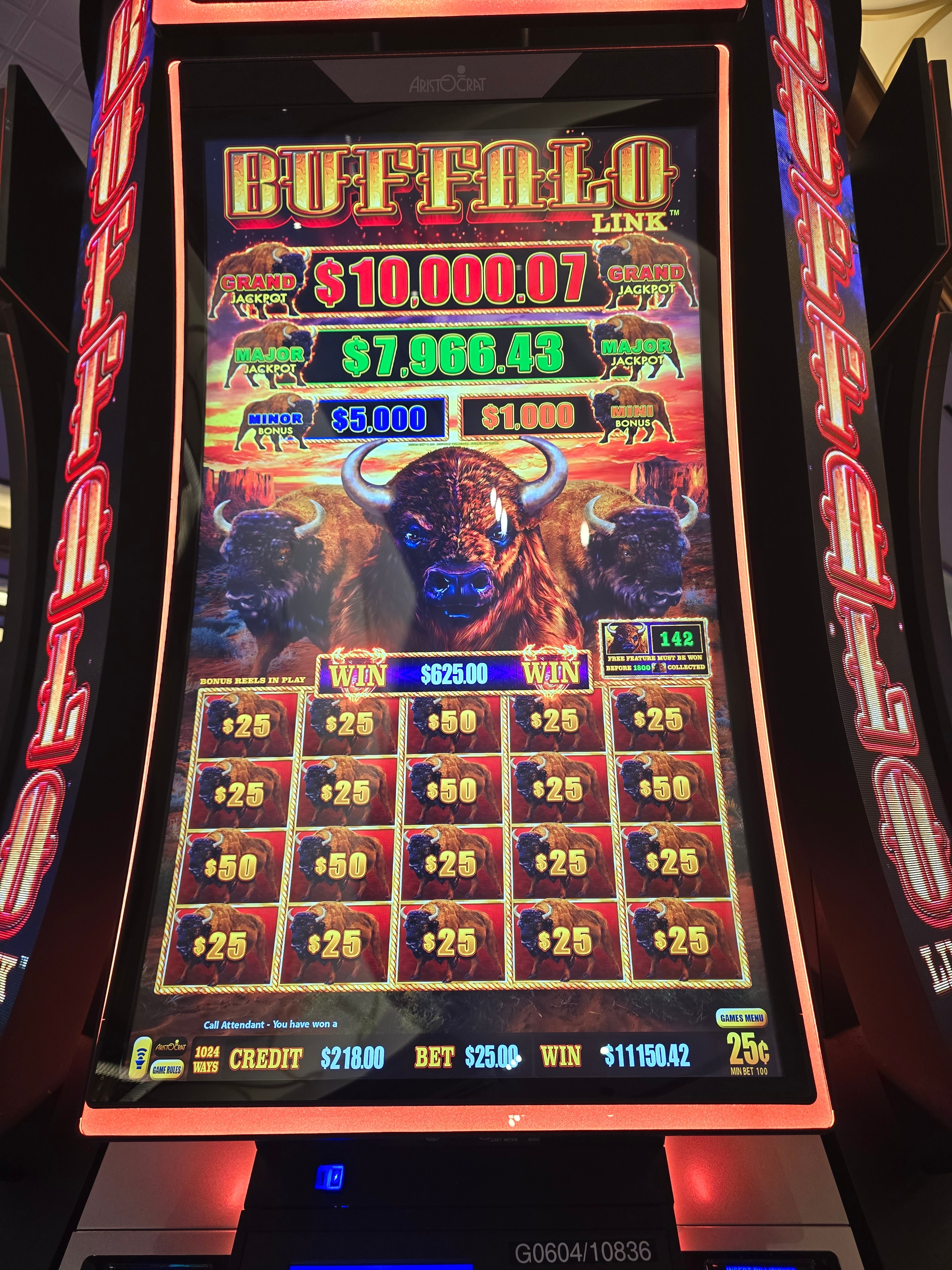 Buffalo Link slot machine jackpot handpay showing $11,150.42