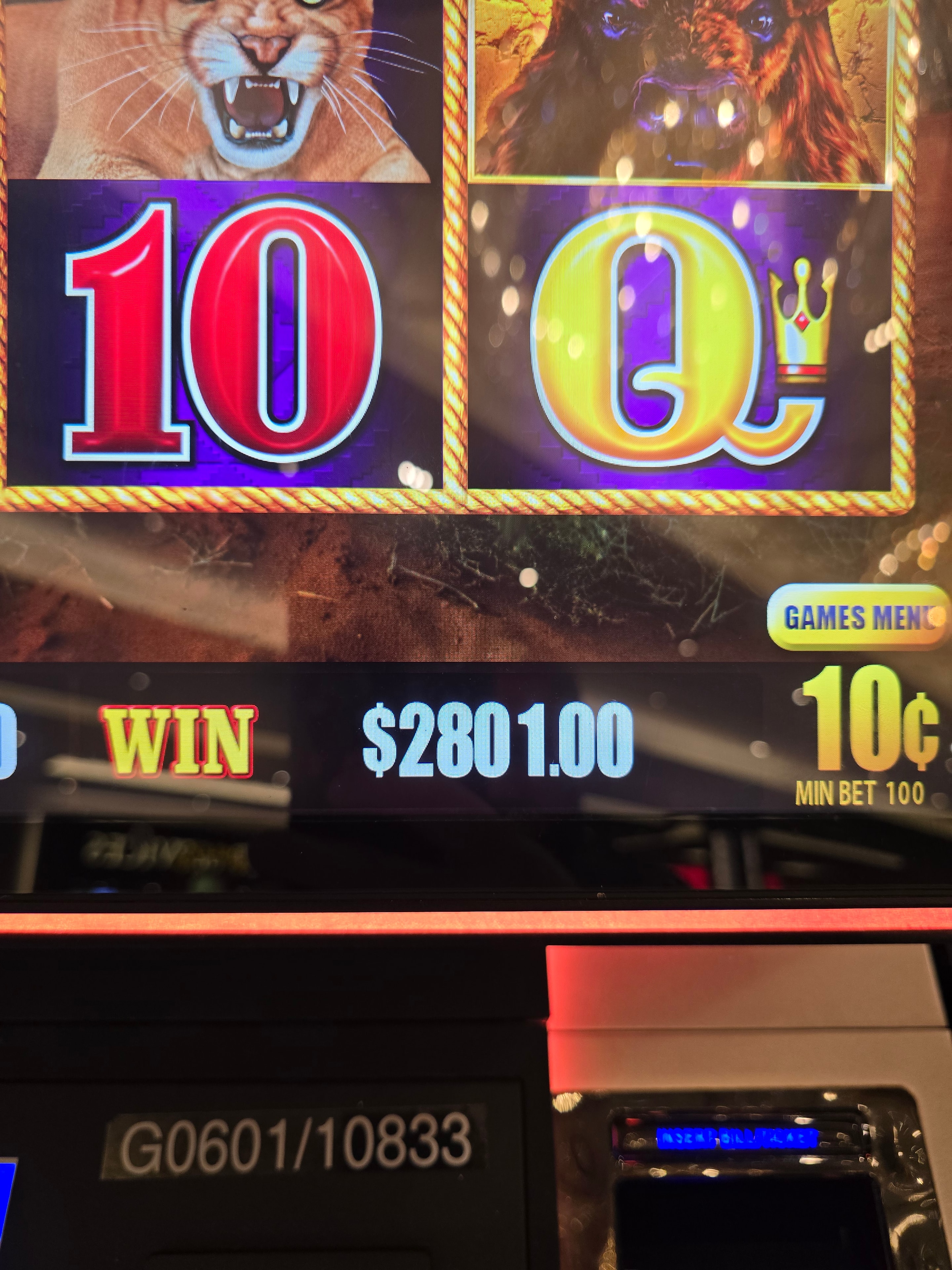Buffalo slot machine win screen showing $2,801.00