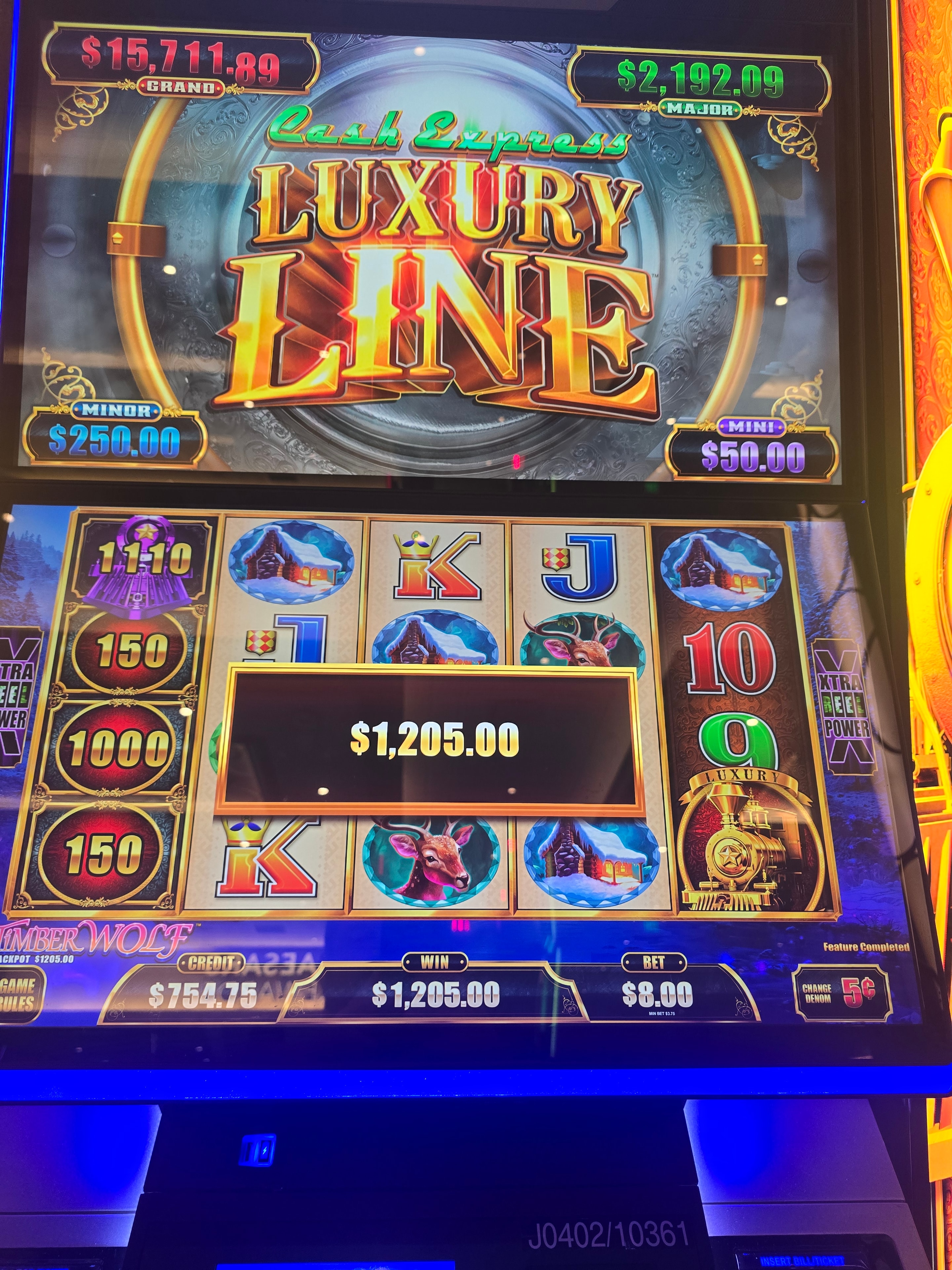 Luxury Link slot machine showing $1,205.00 win
